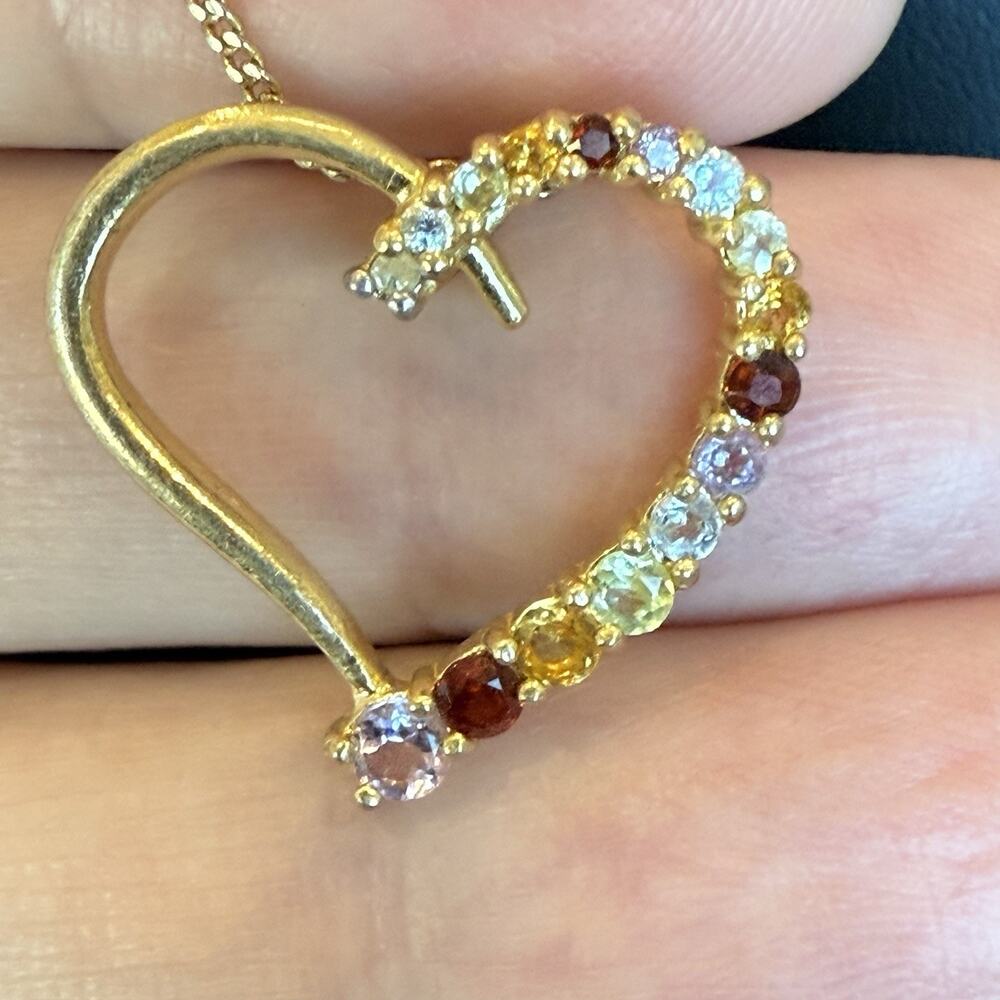 Sterling Silver .925 Gold Plated Multi Color Gemstone Dangling Heart Pendant